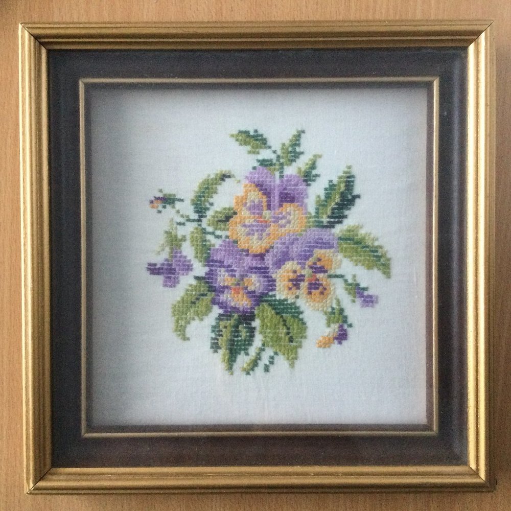 Vintage needlework embroidery cross stitch wall hanging flowers framed square